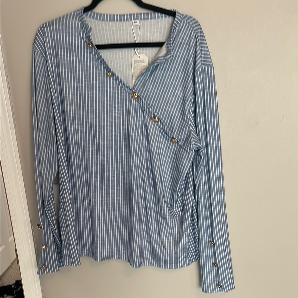 Blue Striped Button-Detail Top- NWT